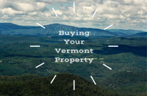 Mountain scene Logo with words Buying your Vermont Property